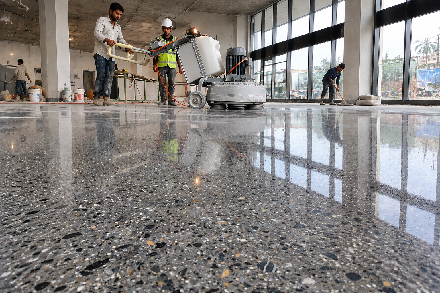 Polishing Progress on a Reflective Construction Floor_polished concrete flooring service_michael construction chemical